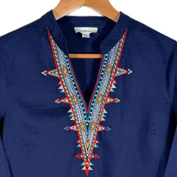 Nurture Woman’s 100% Linen Embroidered V-Neck Tunic M Aztec Southwestern Navy - Picture 2 of 8